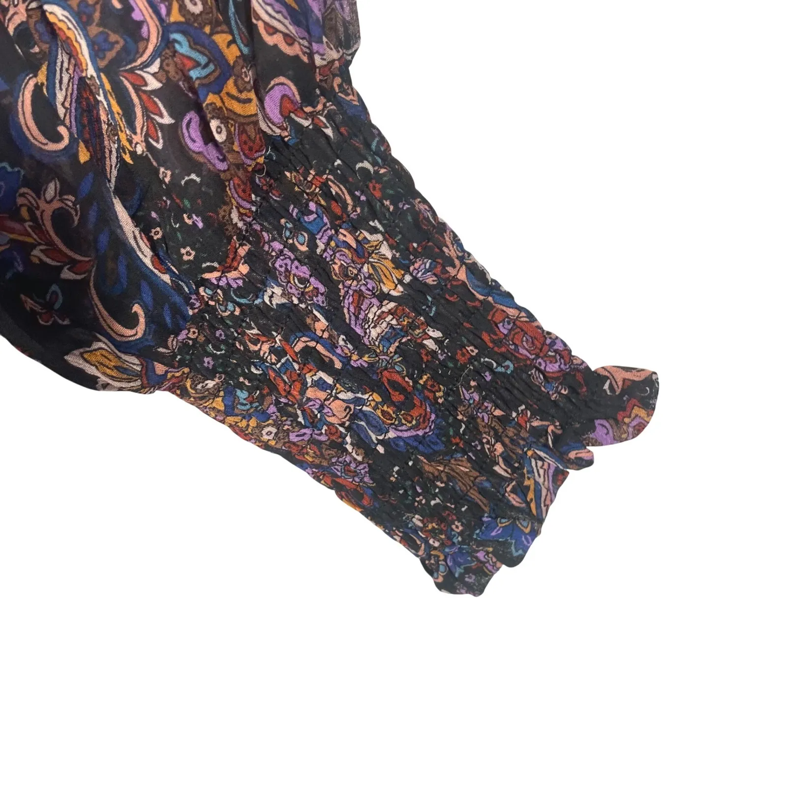 Fate Women's Boho Paisley Mini Dress M Ruffle Long Sleeve Sheer Lined Multicolor Black Size M - Image 4
