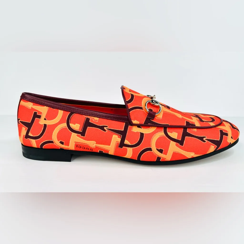 Gucci Jordaan Horsebit Logo Print Orange Fabric Flat Barbie Loafers Size EU 39.5 - Image 7