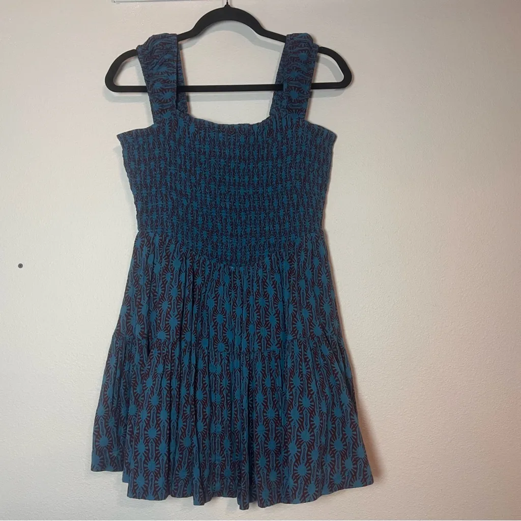 Free People Sweet Annie Cotton Mini Dress Blue Smocked Sleeveless Size Medium - Image 4