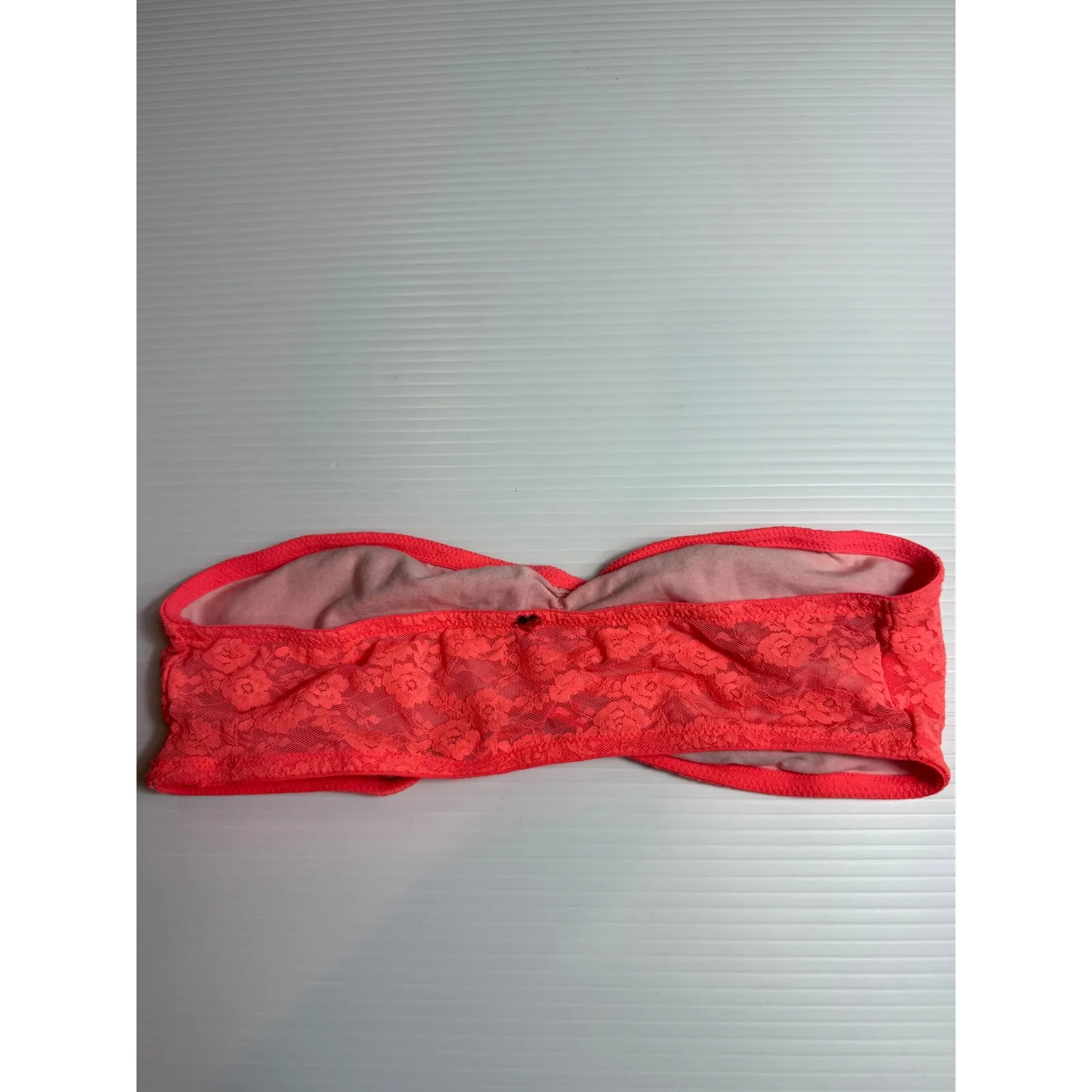 PINK Victoria's Secret Lace Bandeau Tube Top‎ Ruched Front Coral Orange Size M - Image 3