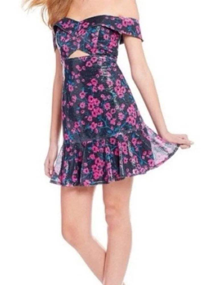 WAYF Pink & Black Janet Off Shoulder Floral Sequin Dress - Image 4