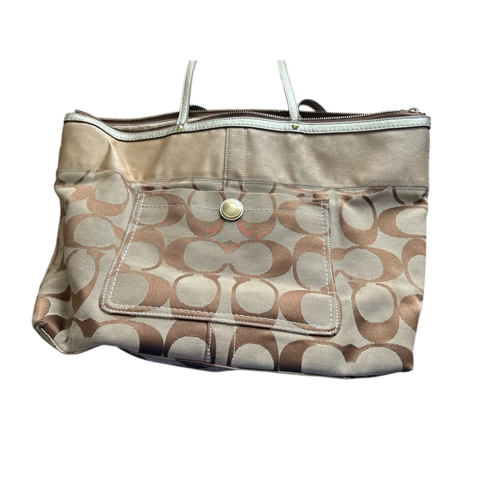 Coach Signature C Monogram Tote Bag Khaki Brown Gold Leather Accents - Image 12