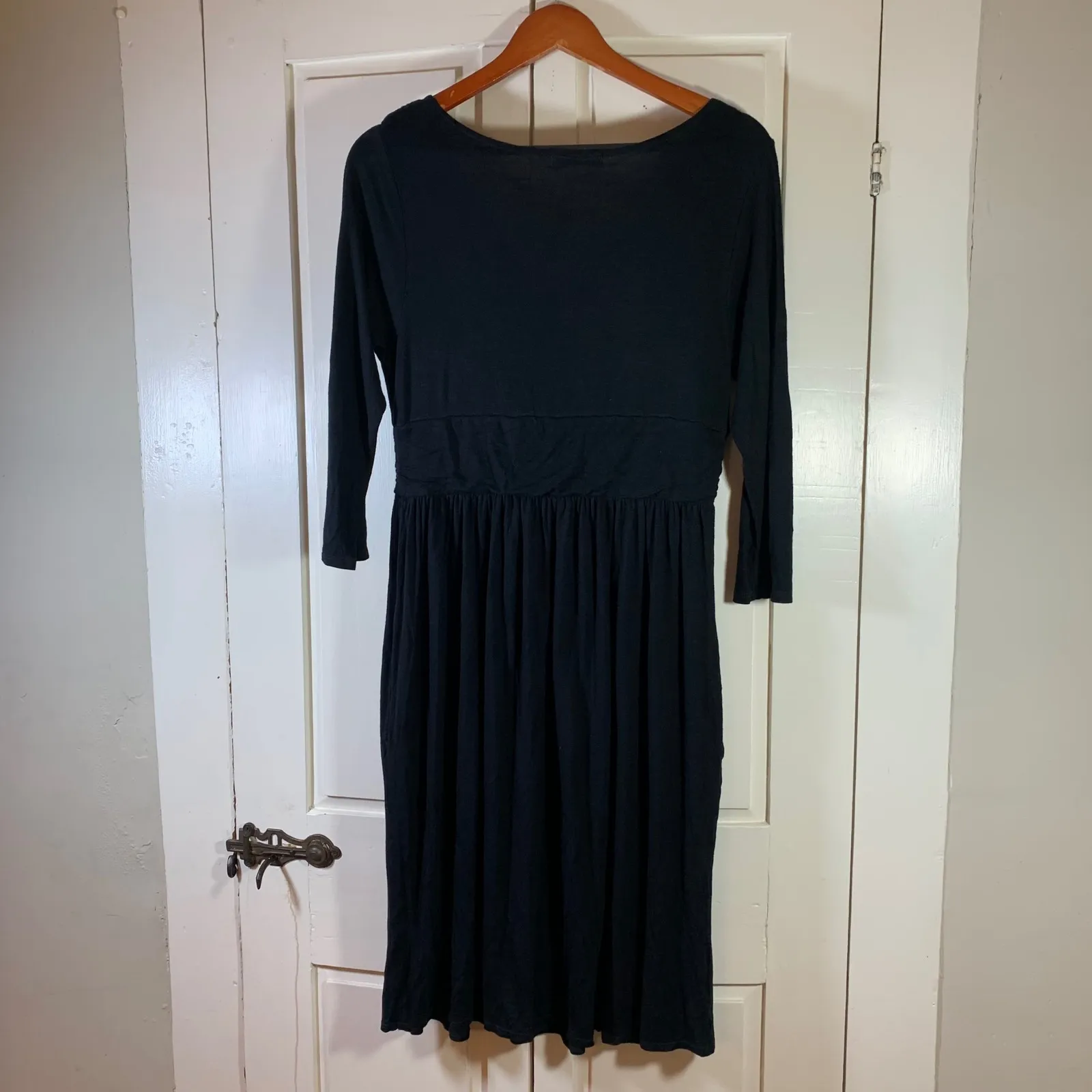 Fresh Produce Black 3/4 Sleeve Midi Dress L USA Boho Minimalist Soft Stretch - Image 2