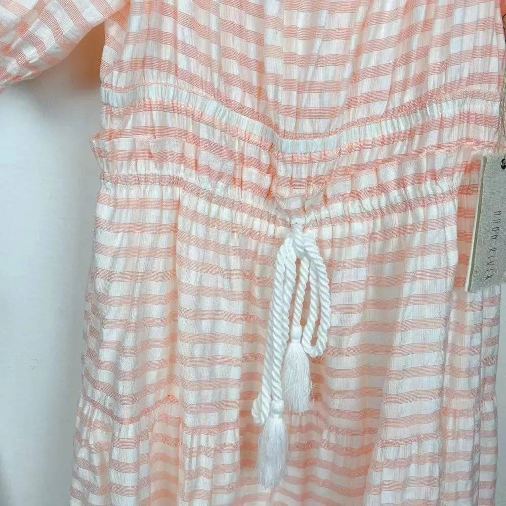 MOON RIVER Puff Sleeve Midi Dress-Pink Stripe - Image 3