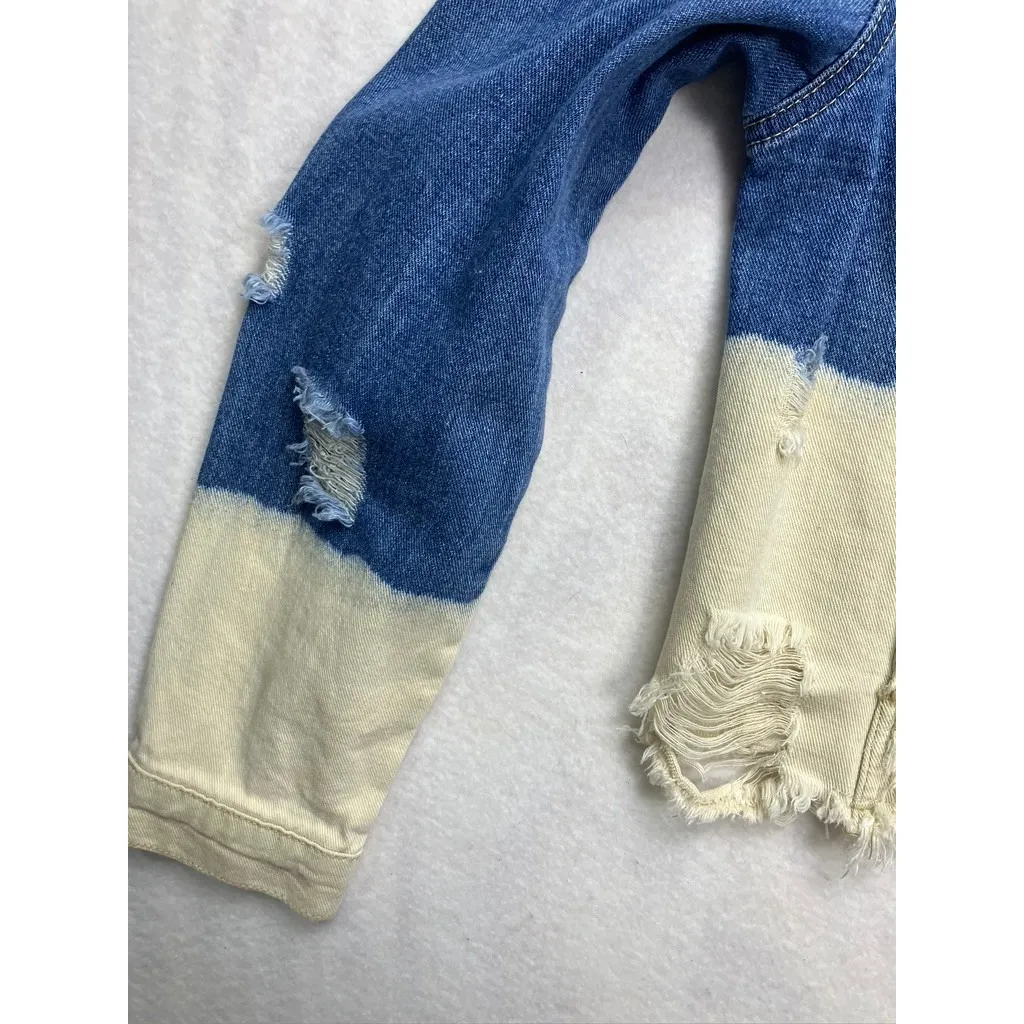 BBJ Los Angeles Womens Denim Jacket Blue Cream Dip Dye Distressed Size S - Image 7