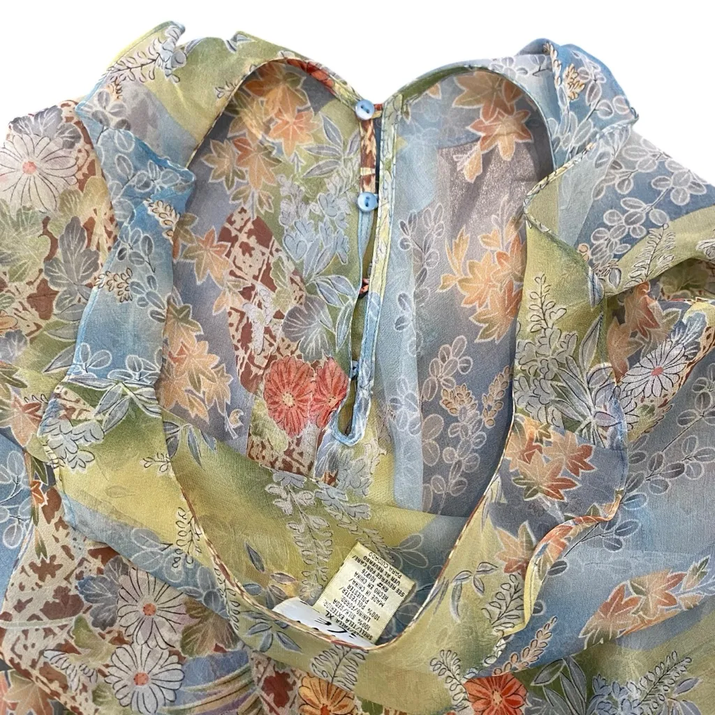 Y2K Silk Floral Ruffle Blouse Fairycore Sheer Top Size XL - Image 8