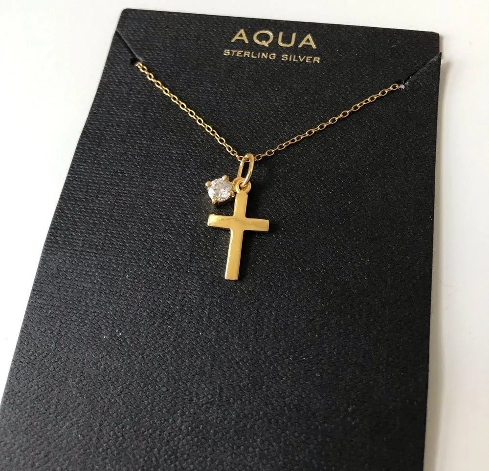 Gold Sterling Silver Cross & CZ Charm Pendant Necklace, NWT - Image 5