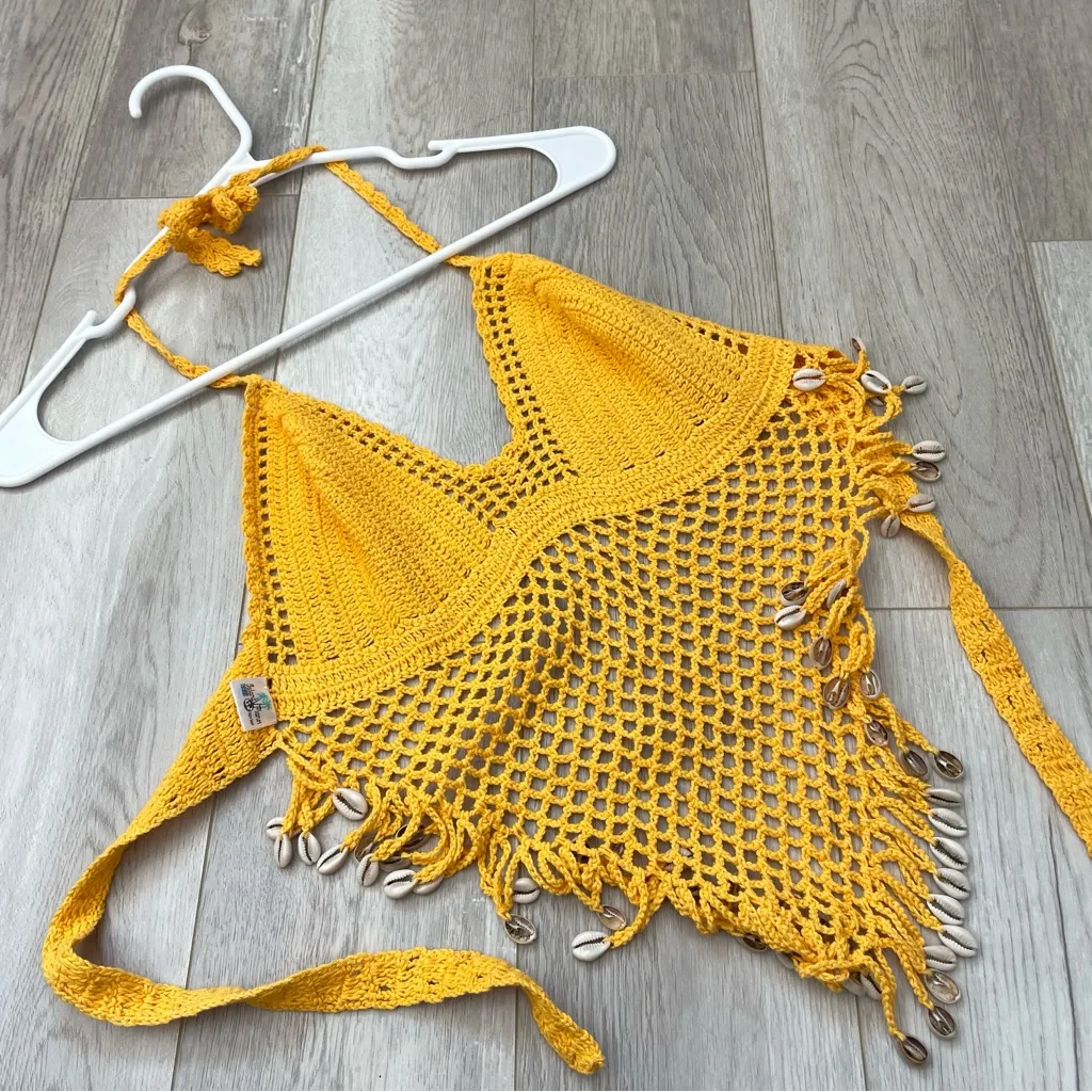Crochet Halter Tank Top shell fringe crop womens Yellow (small) beach festival - Image 4