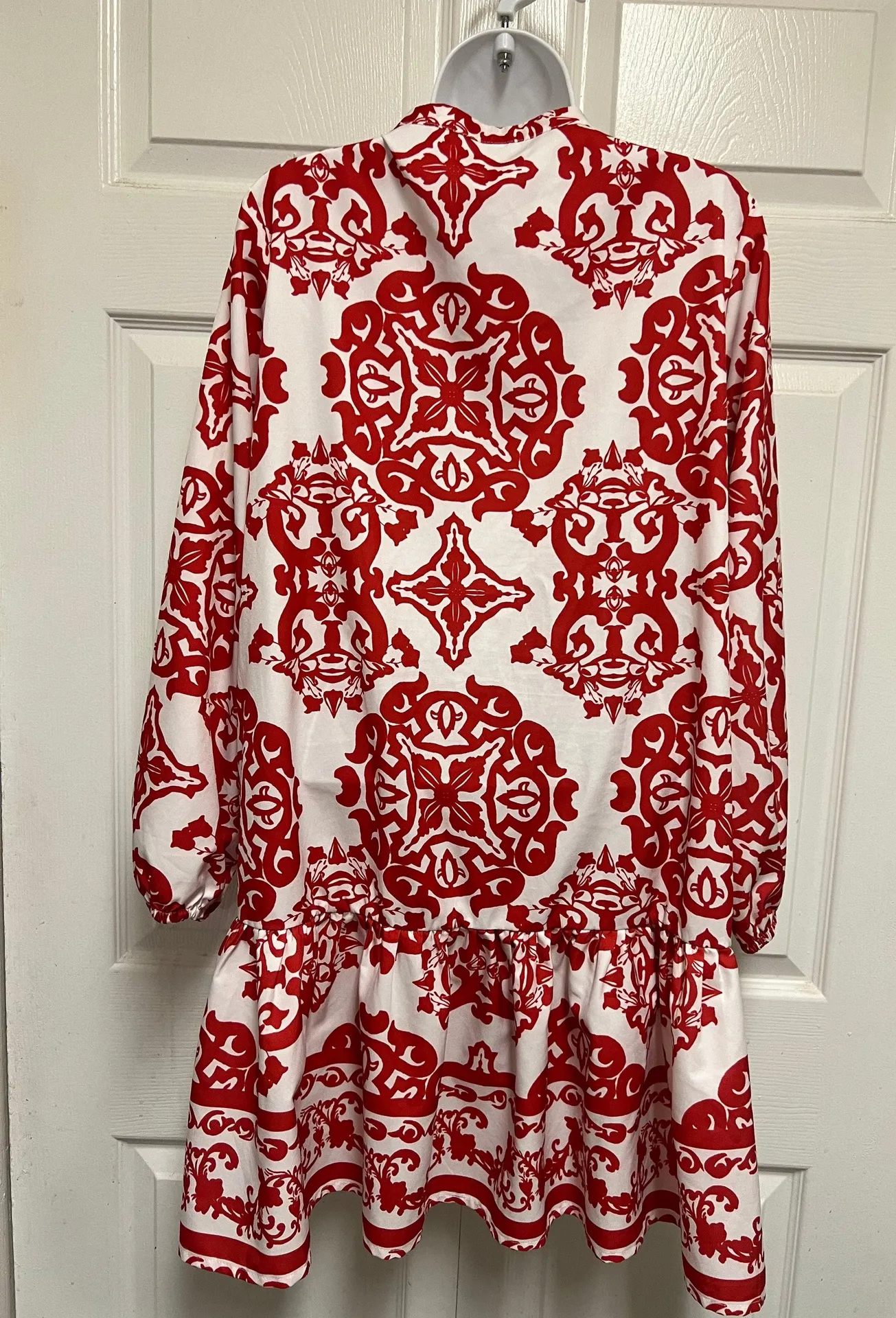 Floral Print Notched Neckline Ruffle Hem Smock Dress Red Size M - Image 8