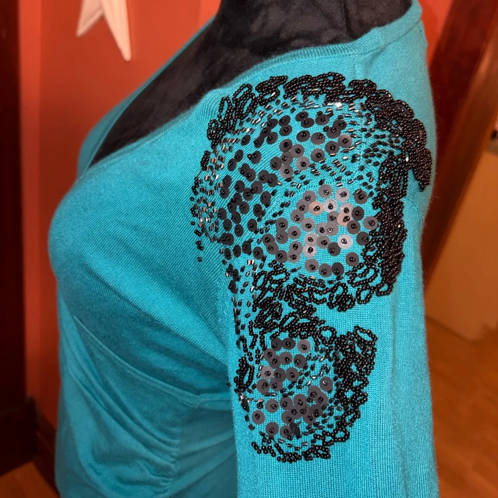NWT Elegant Teal Wrap Sweater with Black Bead/sequin Detail Blue - Image 3