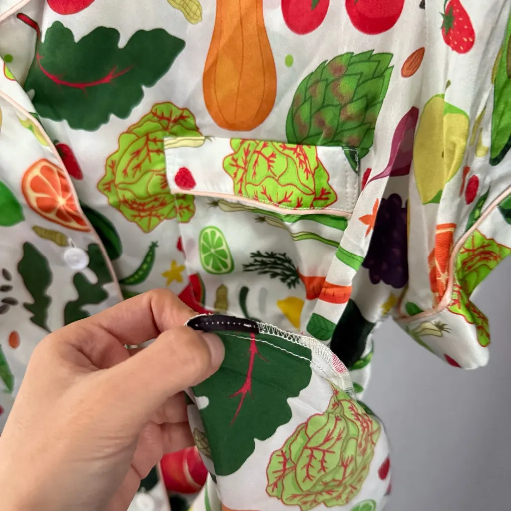 Karen Mabon Small Vegetable Fruit Healthy Print Pajama Shirt Satin Polyester Red - Image 4