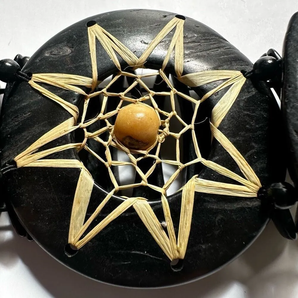 Vintage coconut wood tagua nut raffia star stretchy bracelet - Image 3