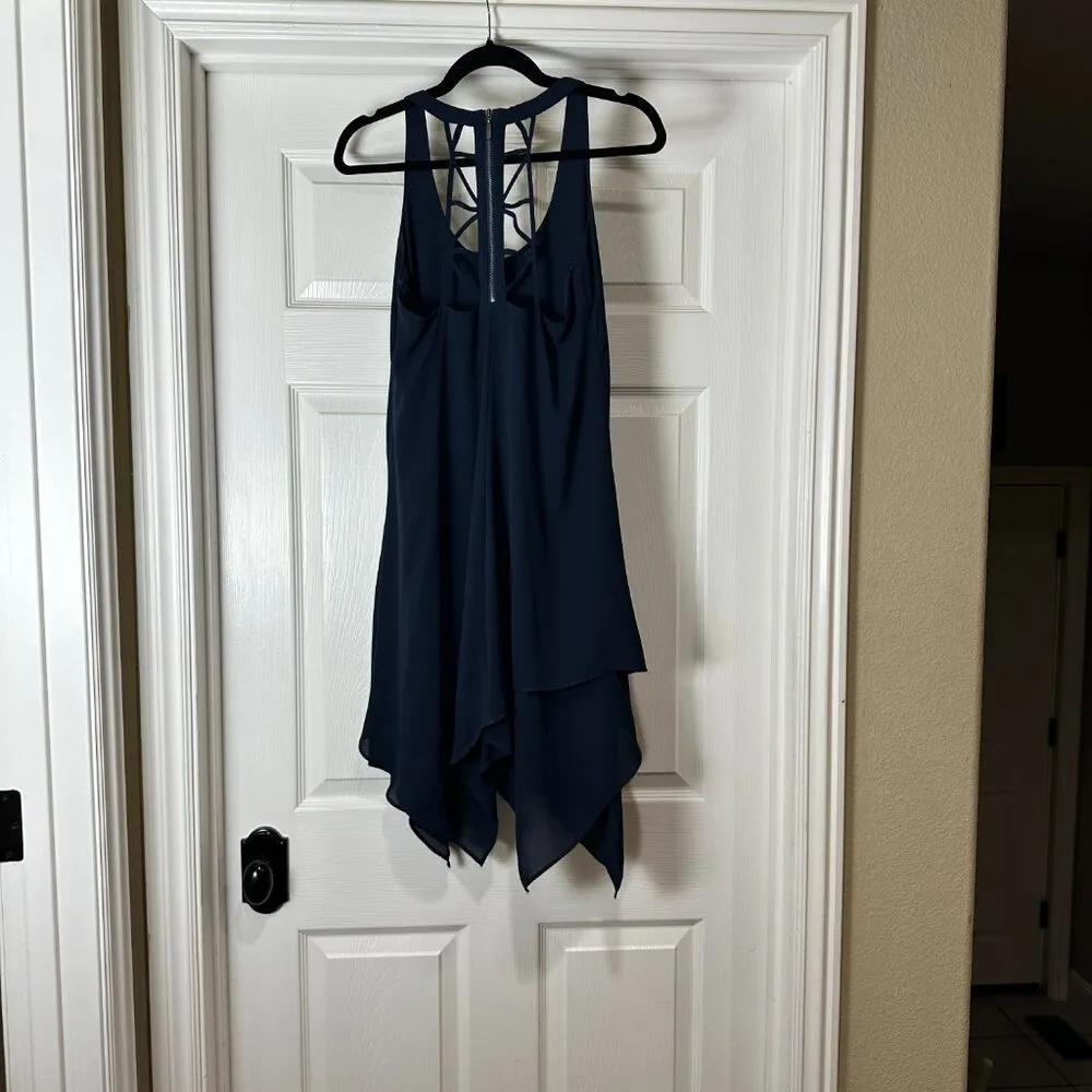 BCBG Paris Navy A Line Swing Dress w Ladderback Detail Handkerchief Hem Size 6 Blue - Image 7