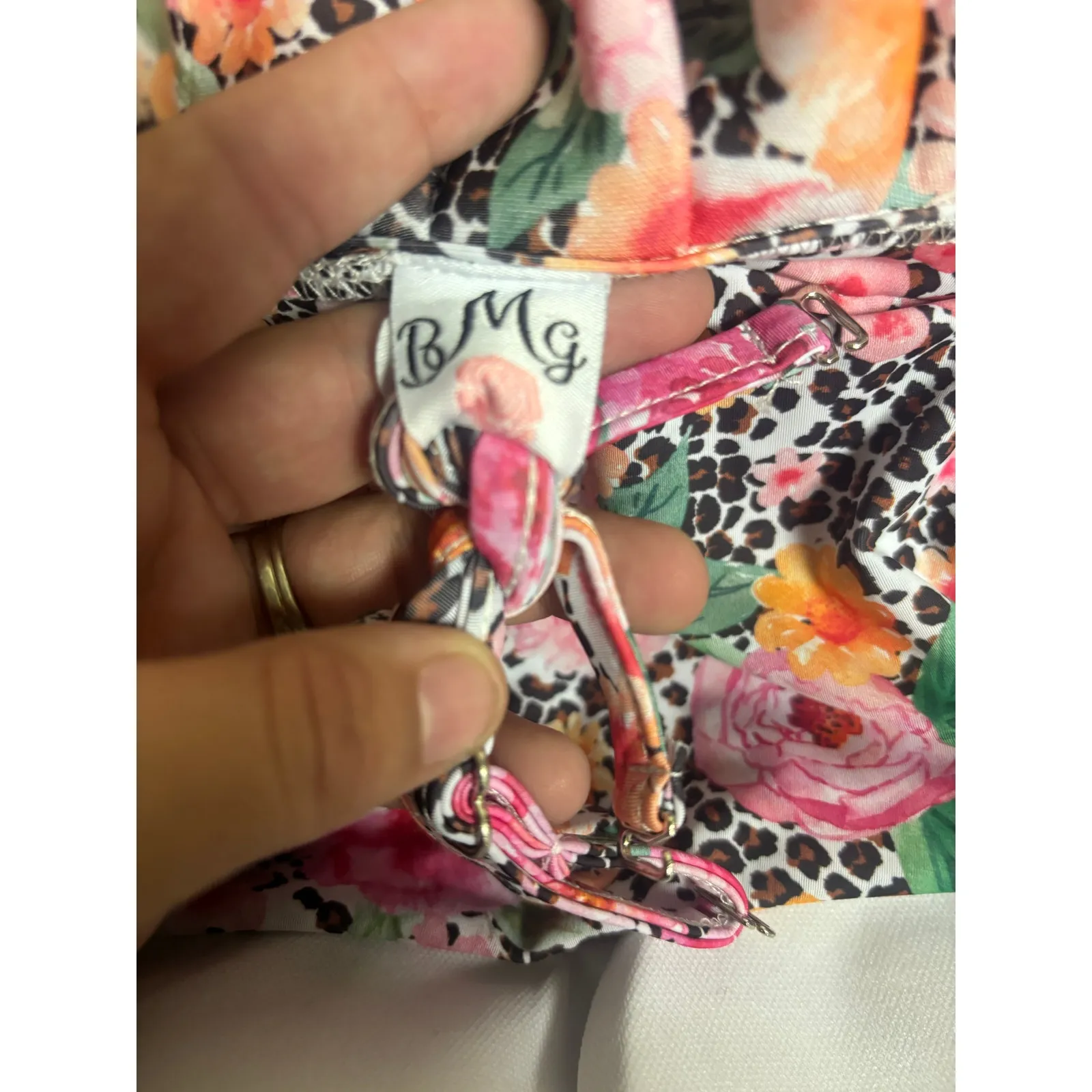 BMG off The Shoulder One Piece Swim Suit Pink Flowers Ruffles Animal Print M Size M - Image 4