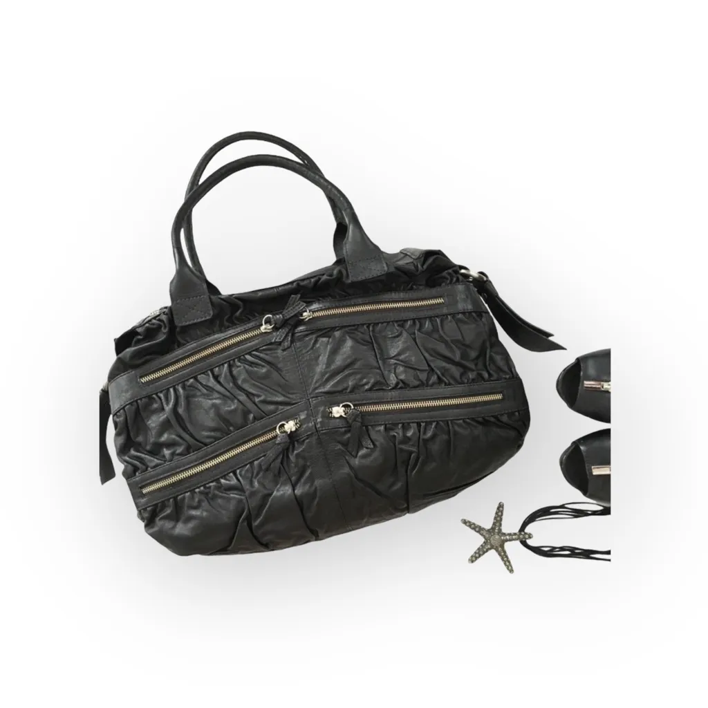 new Maria Bonita Extra ༄ Zip Pockets Leather Travel Bag ༄ Black Metallic Sheen - Image 4