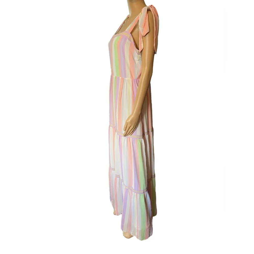 Love Colette Pastel Pink Purple Green Femme Preppy Striped Tiered Maxi Dress Size L - Image 3