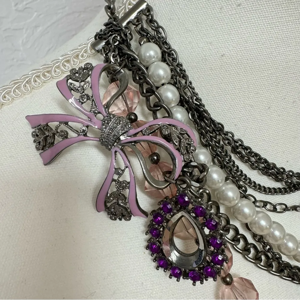 Chunky Silver Chain Faux Pearl & Rhinestone Bow Multi Strand Necklace Y2K - Image 7