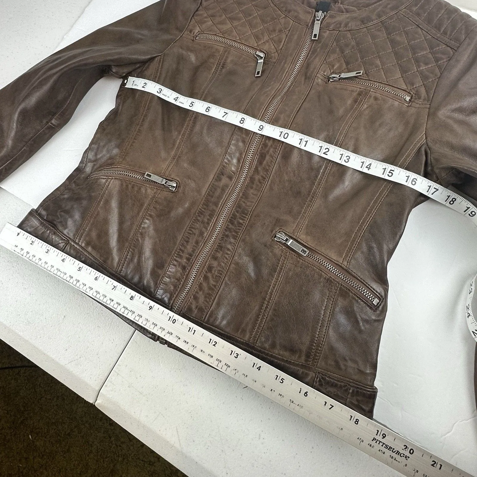 Brown Leather Moto Racing Biker Jacket Womens Small Full Zip Quilted Butter Soft - Image 8