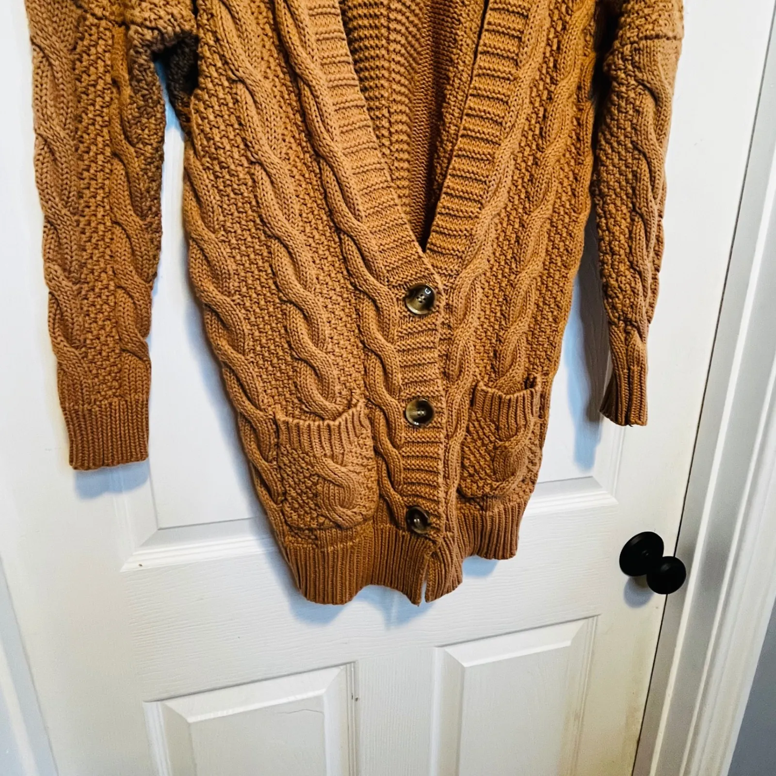 AGNES & DORA Cozy Cable Knit Long Cardigan Sweater Women's S Camel Brown - Image 3