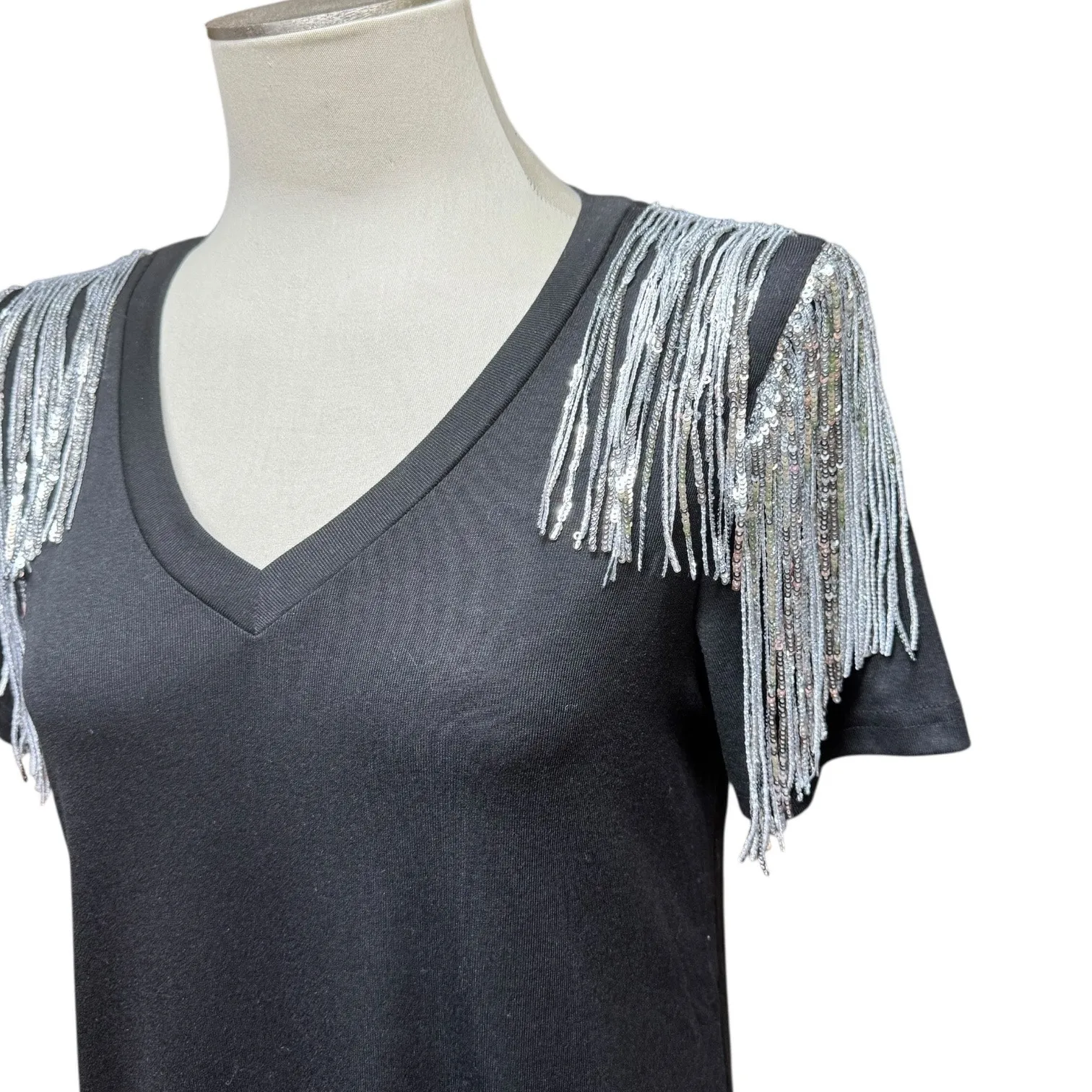 Crazy Train Everything That Glitters Fringe T-Shirt Top Black Silver Small - Image 2