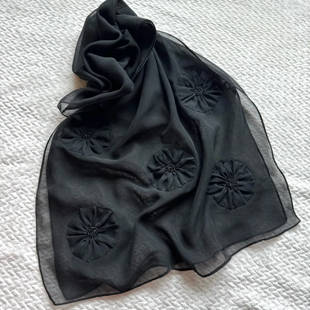 VTG Sheer Black Floral 3D Appliqué Scarf Wrap Romantic Gothic Whimsigoth Beaded - Image 2