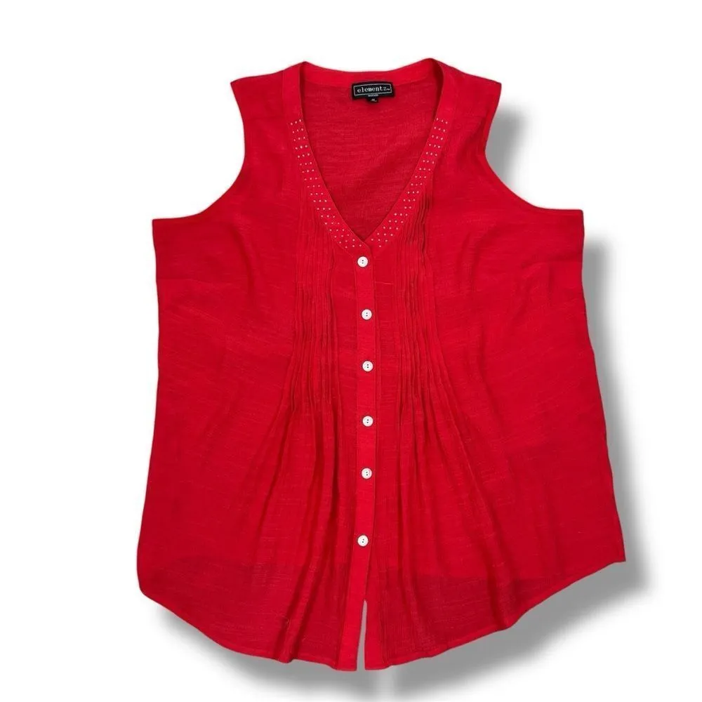 Elementz Rhinestone V Neck Pleated Button Up Tunic Tank‎ Top Red 1X - Image 13