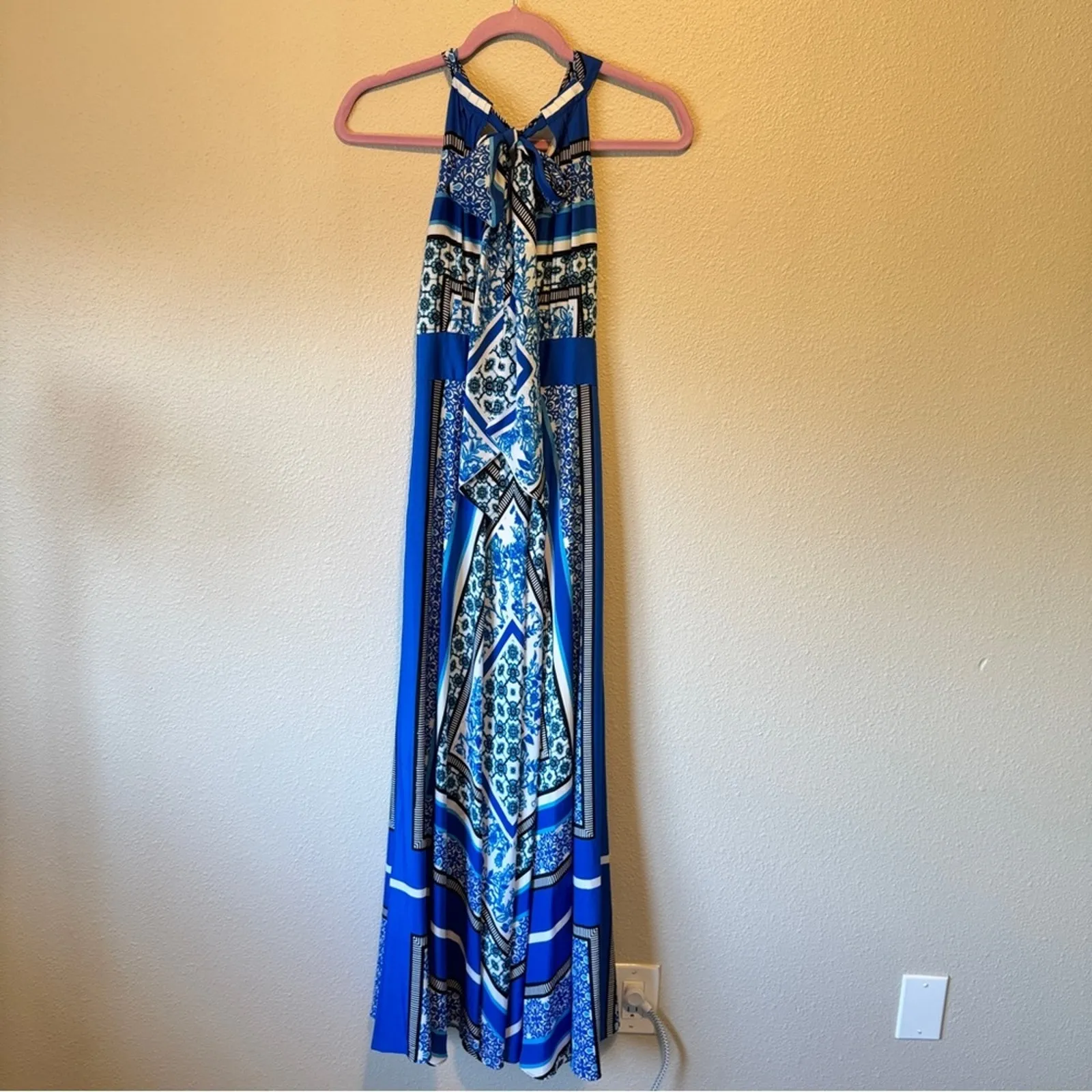 Eliza J Blue Halter Scarf Print Maxi Dress Womens 2P Boho Sleeveless Summer - Image 6