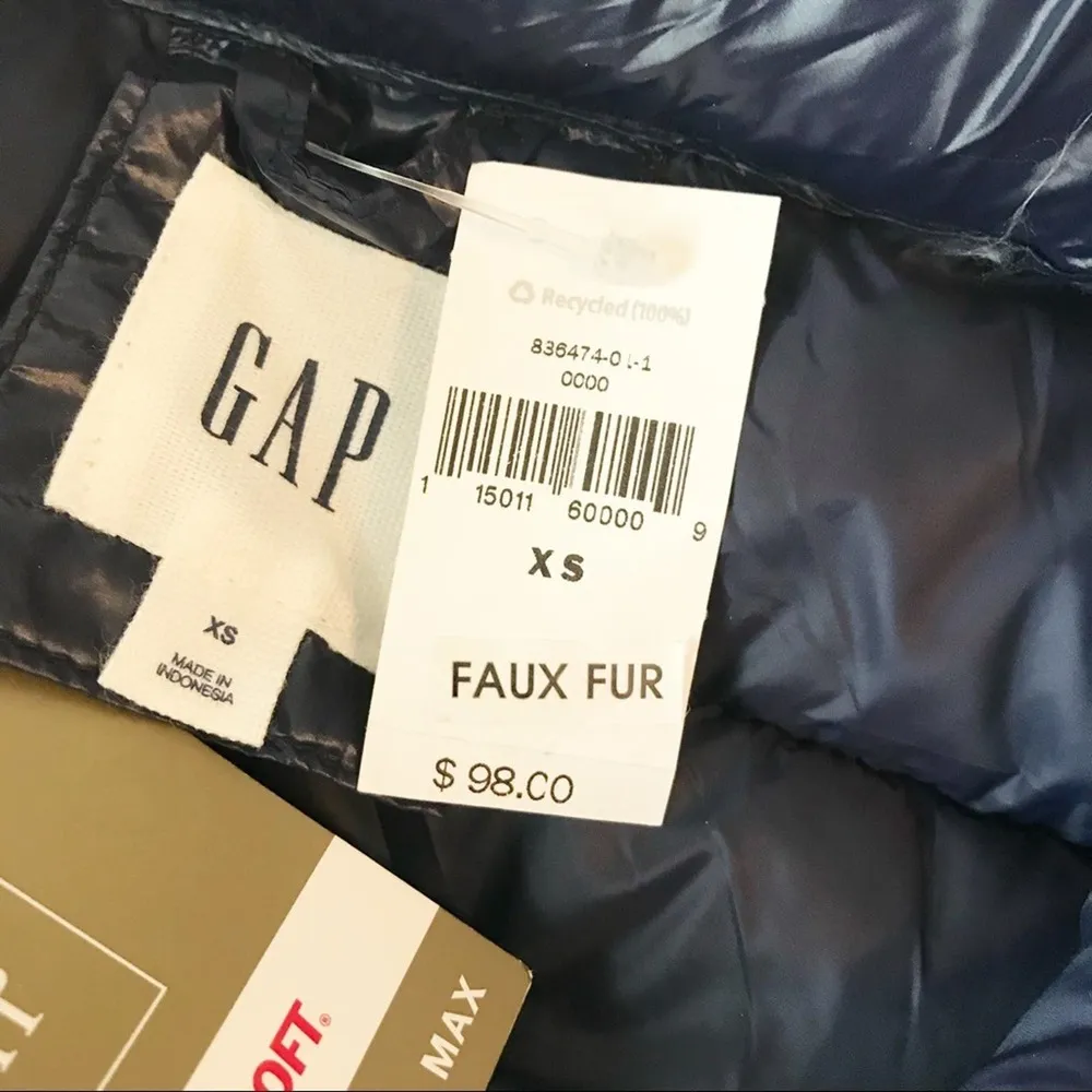 Gap Faux Fur Puffer Vest Jacket Navy Blue Cozy Primaloft Down Alternative XS new - Image 14