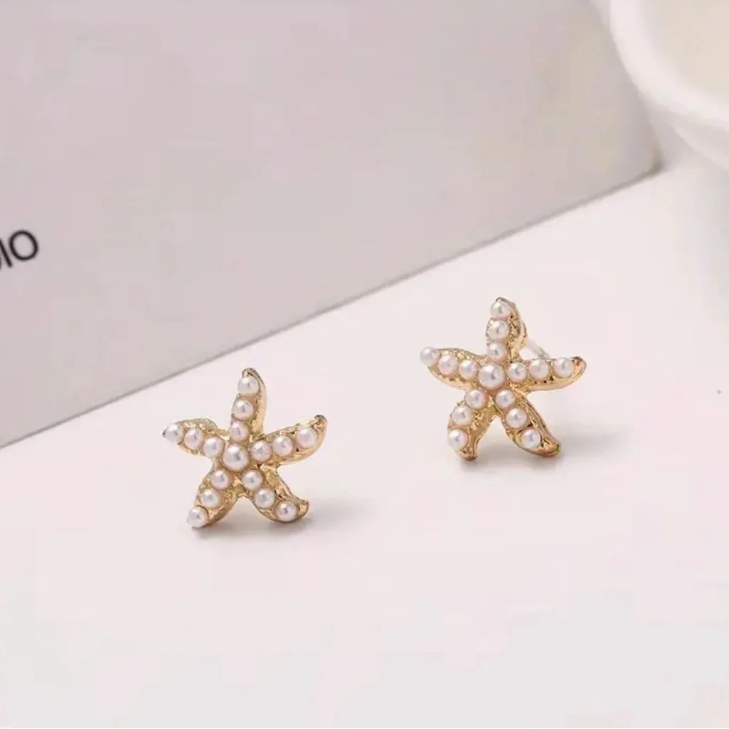 Gold Starfish Pearl Earrings - Image 2