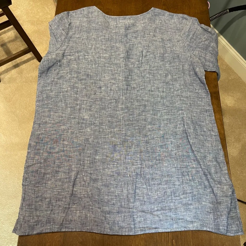 Andrea Jovine Linen Tunic Top Women's Size Large Relaxed Chambray Blouse Beachy - Image 10