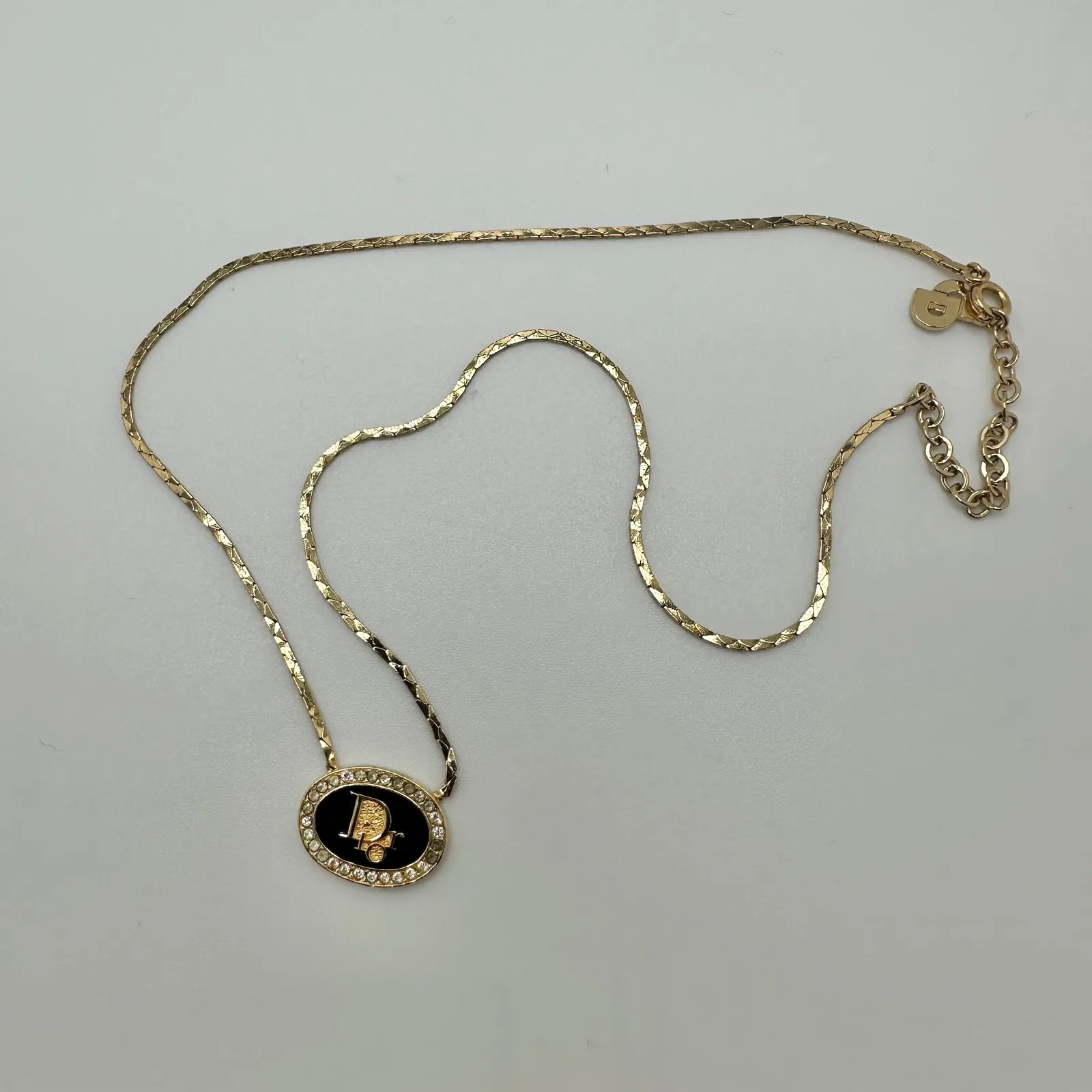 Christian Dior Necklace Gold Tone Rhinestone Logo Pendant Designer Jewelry - Image 2