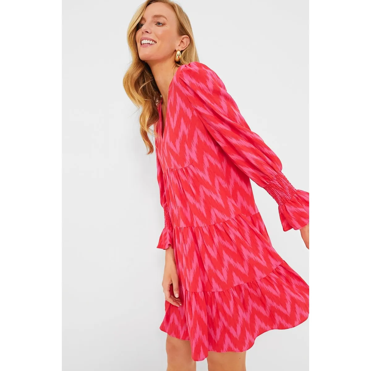 Pomander Place Dress XXL Pink Red Tiered Long Sleeve‎ V Neck Casual - Image 3
