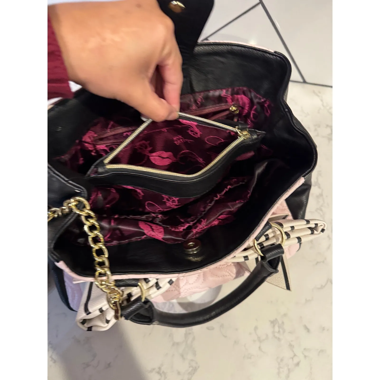 Betsey Johnson faux leather satchel quilted rose pattern striped bow pink black - Image 9