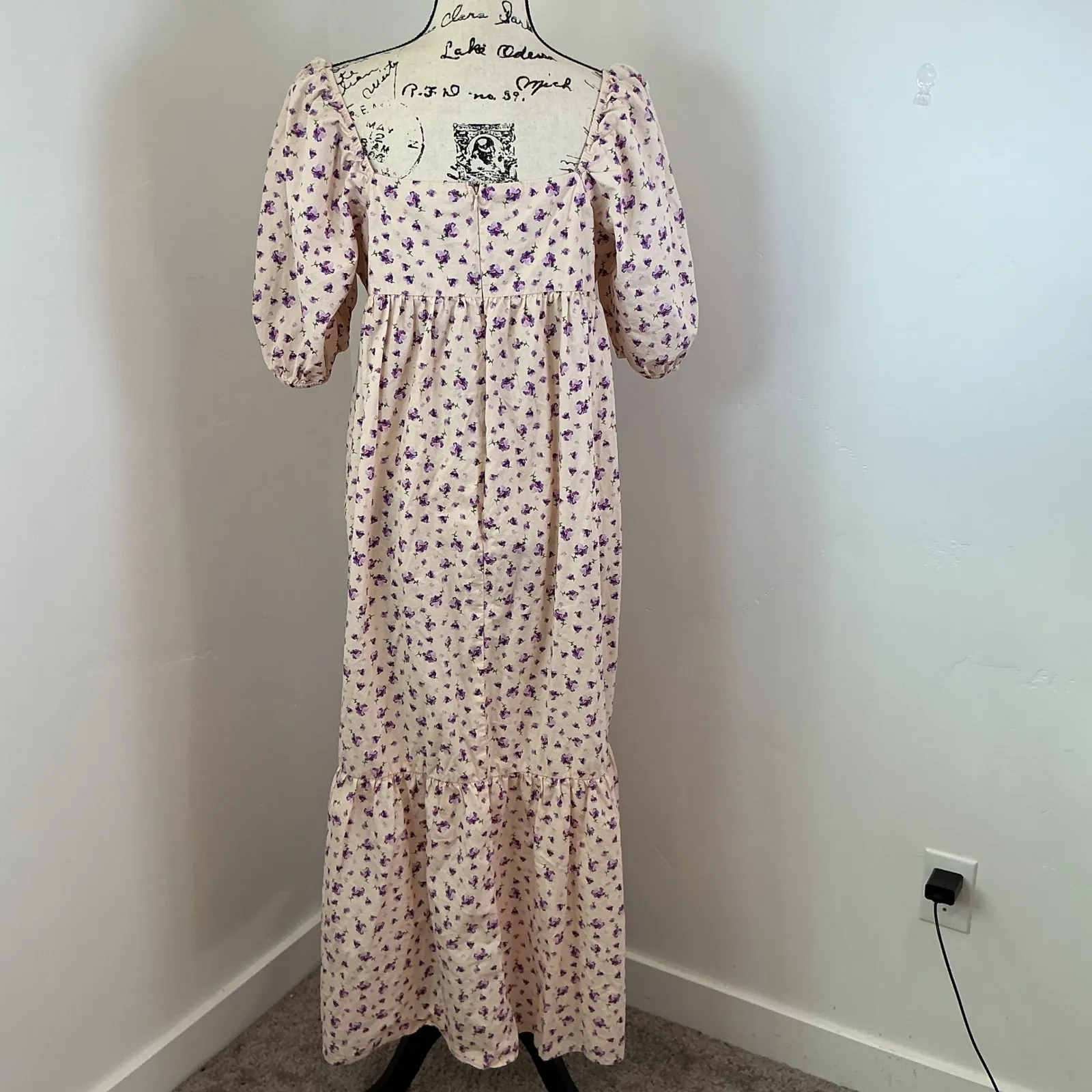 Fourteenth Place Purple Floral Print‎ Square Neck Midi Dress Puff Sleeve L - Image 6