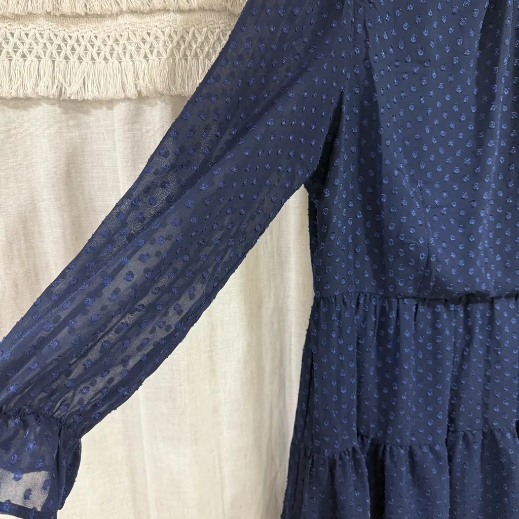 R&K Navy Blue Dotted Design High Neck Long Sleeve Dress Size 14 - Image 4