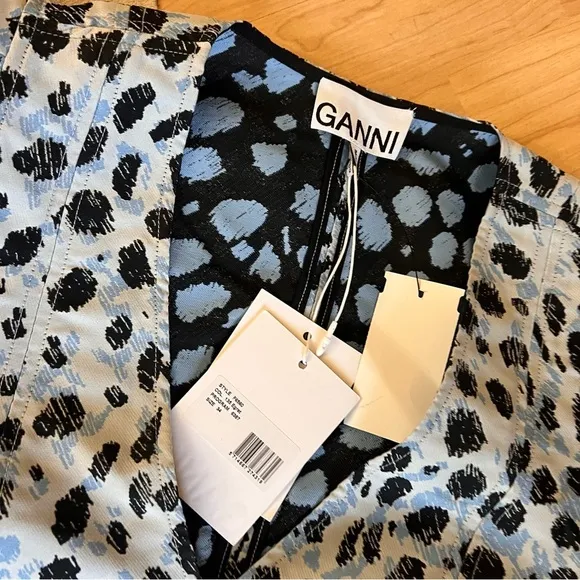 GANNI NWT Jacquard V-Neck Puff‎ Sleeve Blouse in Leopard Print Size 34 XS - Image 13