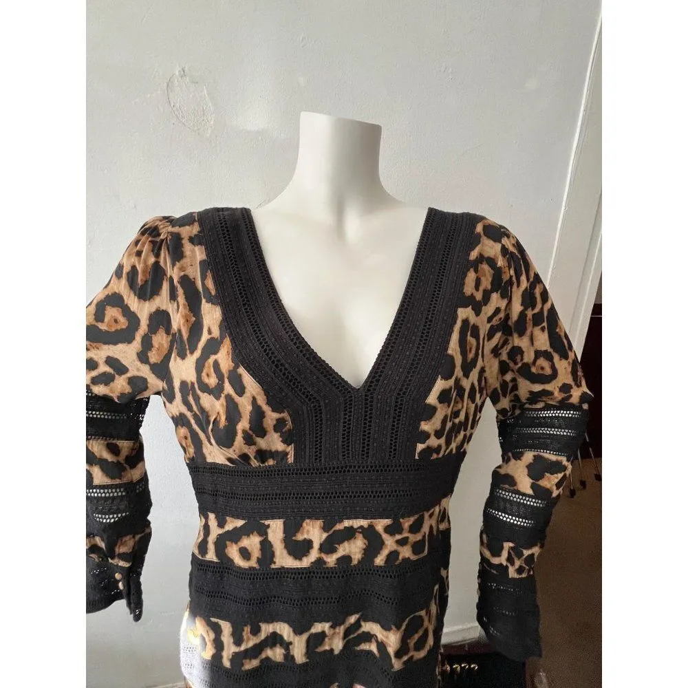 Anthropologie Allison New York leopard print v neckline long sleeve mid dress L - Image 7