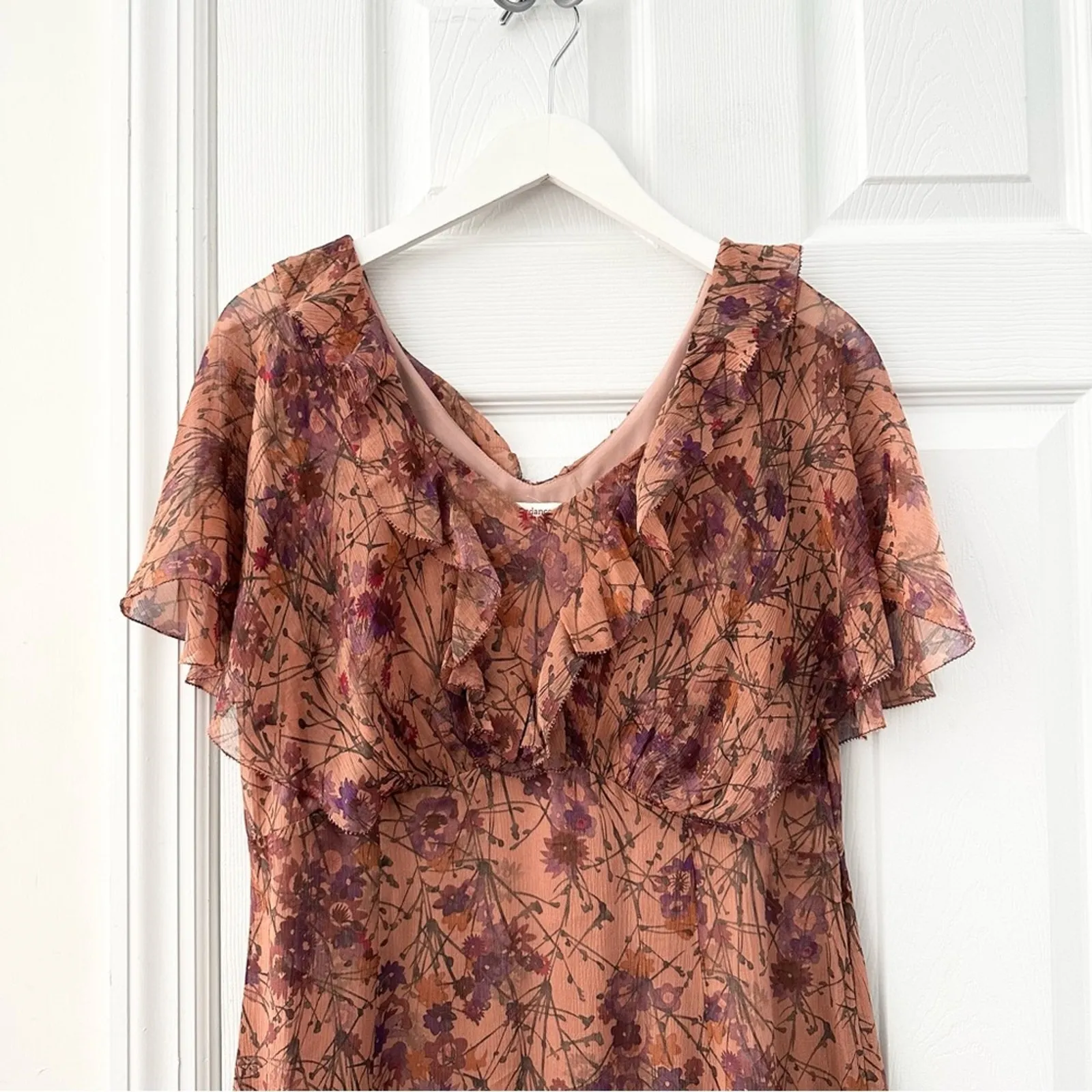 Sundance Silk Elysian Garden Orange Tan Wildflower Floral Print Ruffle Dress 10 - Image 3