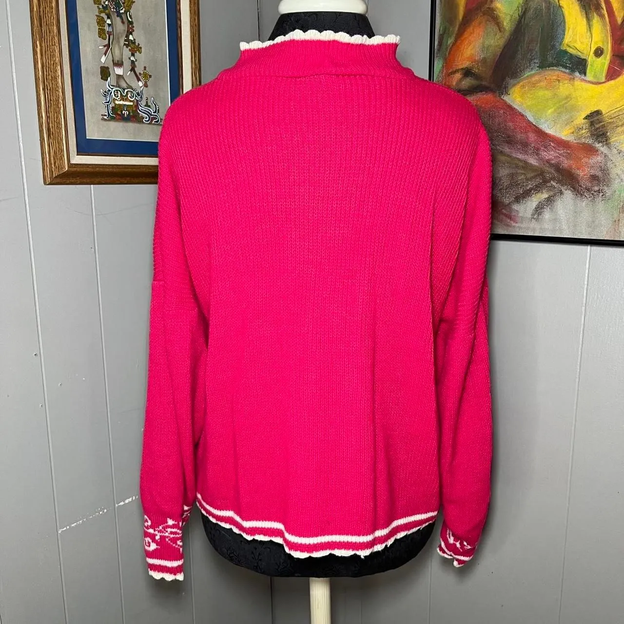 Vtg Knit Cat Kitten Sweater Spunky Pink Glittery Sparkle Granny Core Oversized Size undefined - Image 2