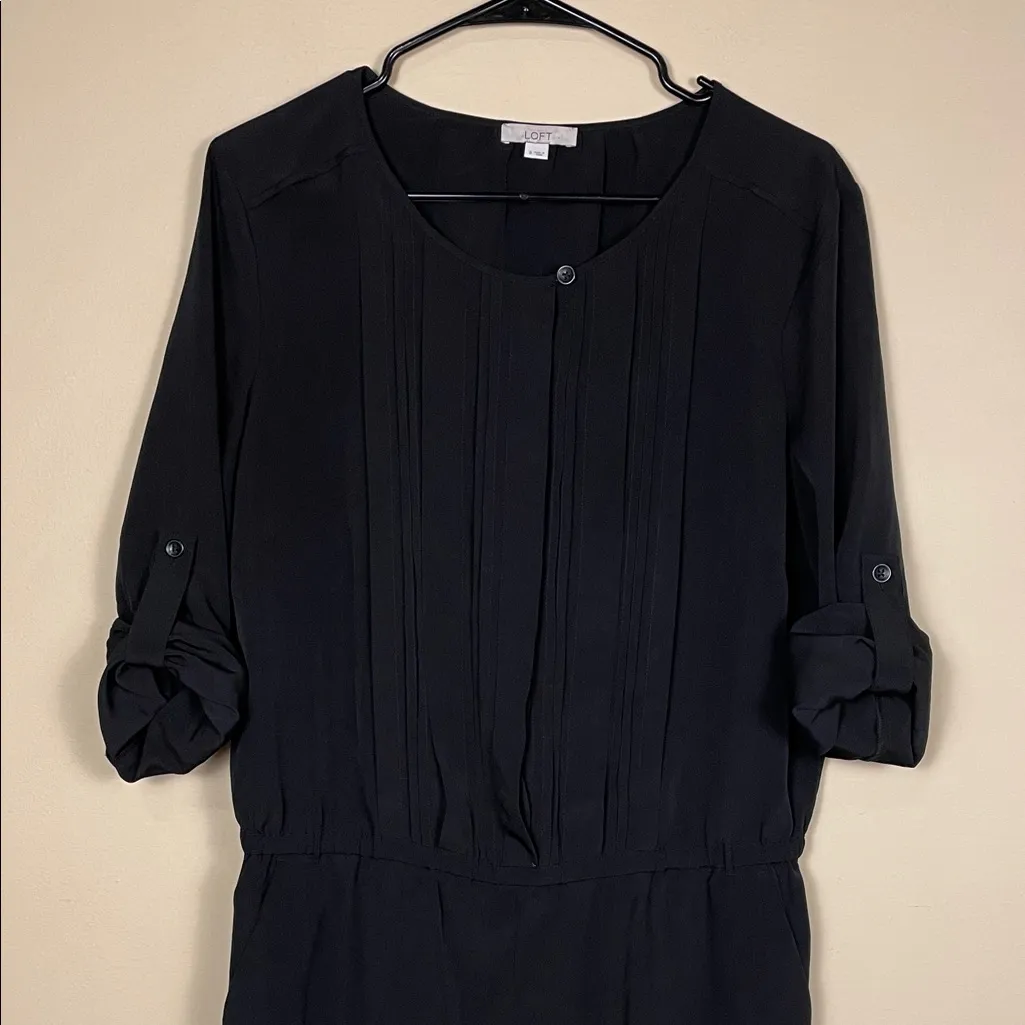 LOFT Women’s Black Pleated Button-Up Rolled-Sleeve Classy Minimalist Romper - Image 2
