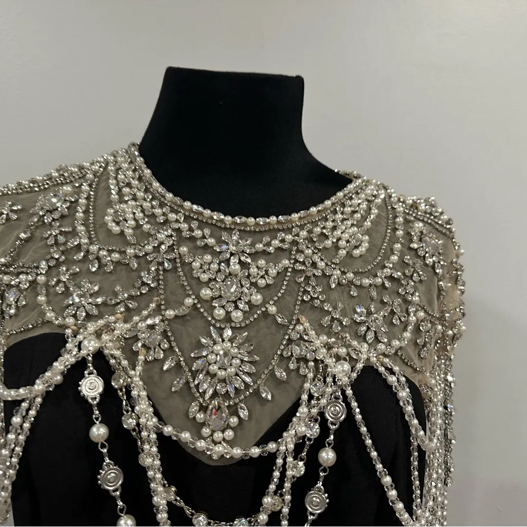 Mac Duggal 11775 Black Draped Pearl Beaded Mermaid Gown sz 10 - Image 6