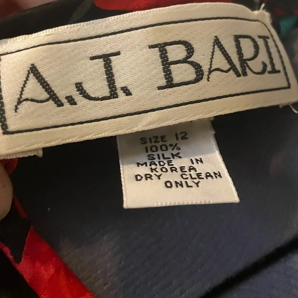 VTG A.J. BARI SILK Black Floral Puffy Sleeve Party Prom Formal Dress sz 12 80s Red - Image 10