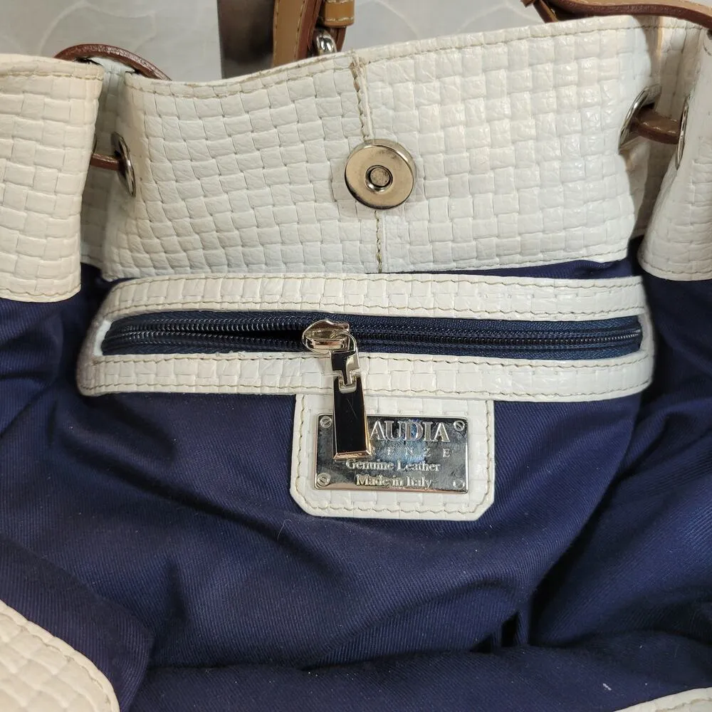 Claudia Firenze Womens Iris Tote Bag White Pink Floral Woven Leather Purse Italy - Image 3