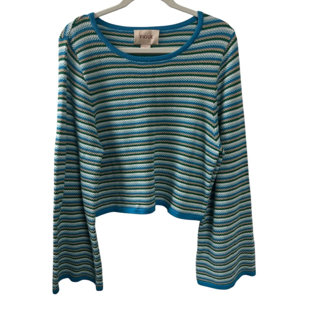 Figue Marley Cropped Sweater in Blue & Green Stripes Size Large Gently Used - Image 5