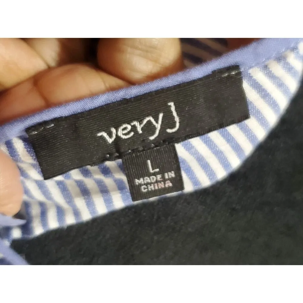 Very J Women Blue & White Cotton Round Neck Cold Shoulder Button Down Shirt L - Image 9