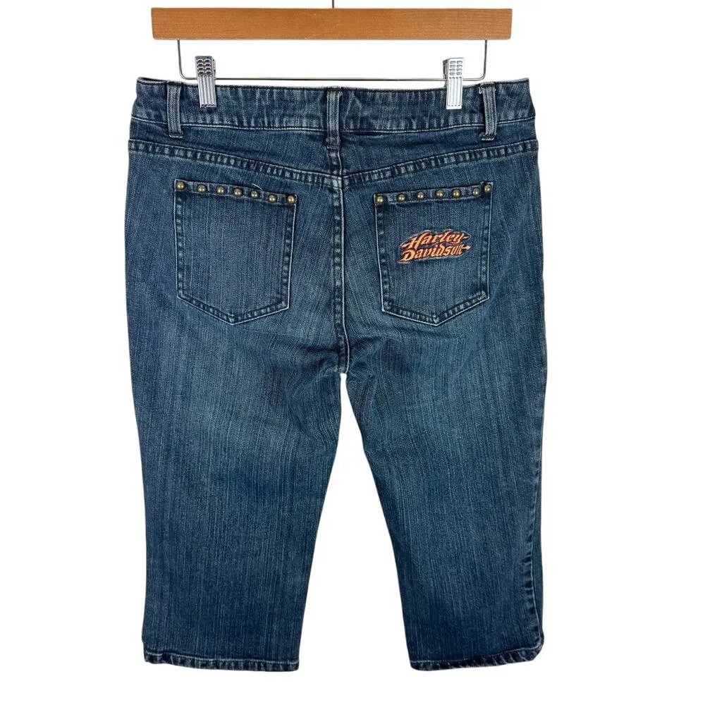 Harley Davidson Medium Wash Mid Rise Embroidered Studded Jean Capris Size 10 Blue - Image 2