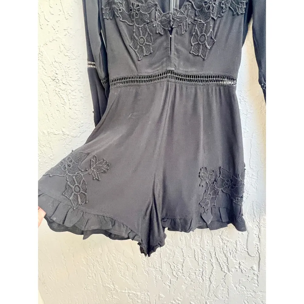 For Love & Lemons Floral Long Sleeve Plunging V-Neck Romper Black Women's XS - Image 4