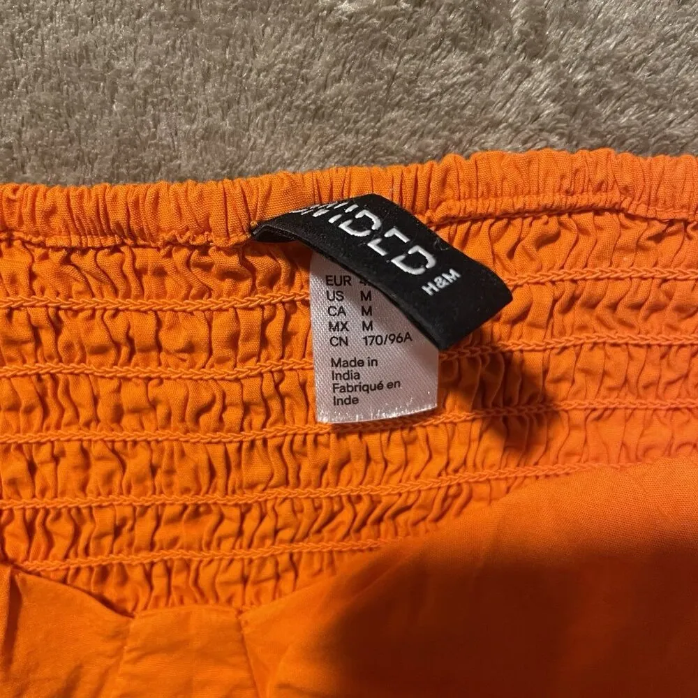 H&M Crop Top Womens Sz Medium Neon Orange Puff Sleeve Smocked Shirt Festival - Image 2