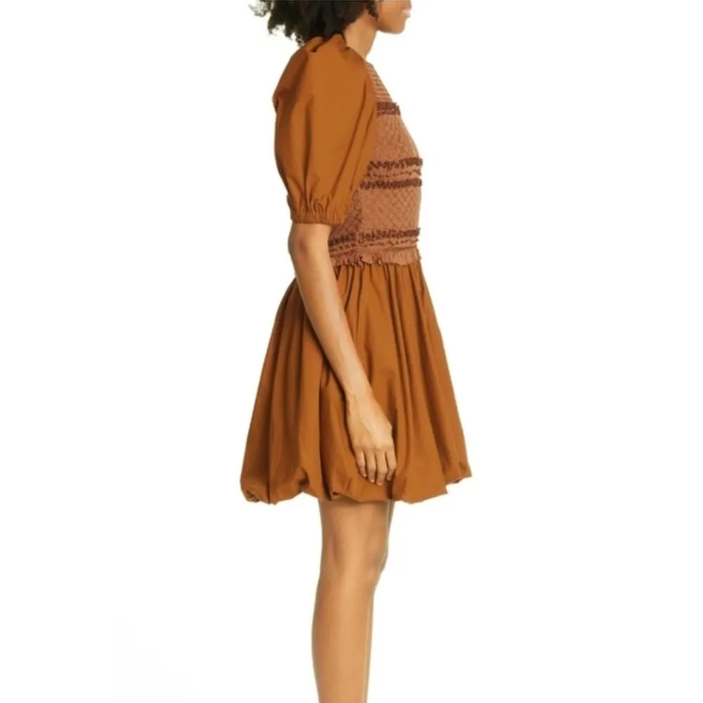 Ulla Johnson Dress Women Size 0 Tan Kali Smock Bodice Cotton Bubble Hem Mini - Image 5