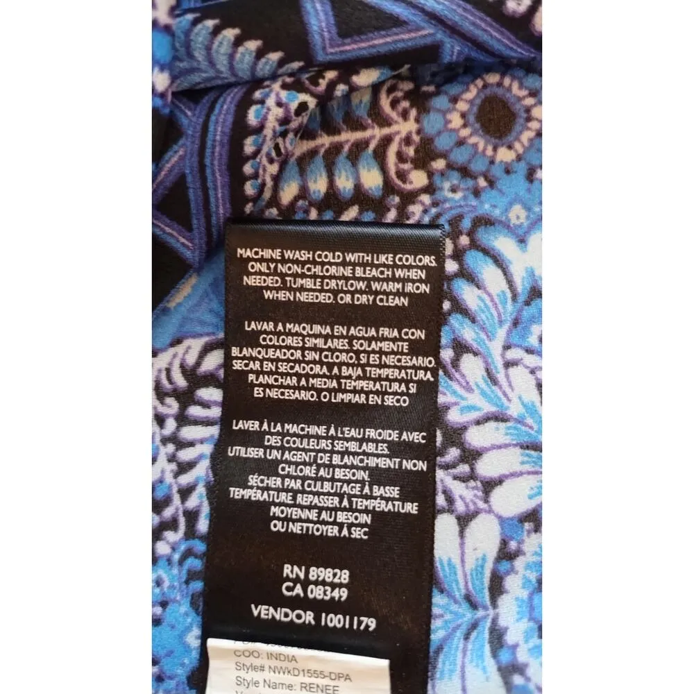 Nine West Blue/Black & white semi sheer Tunic Blouse neck tassel size Large - Image 7